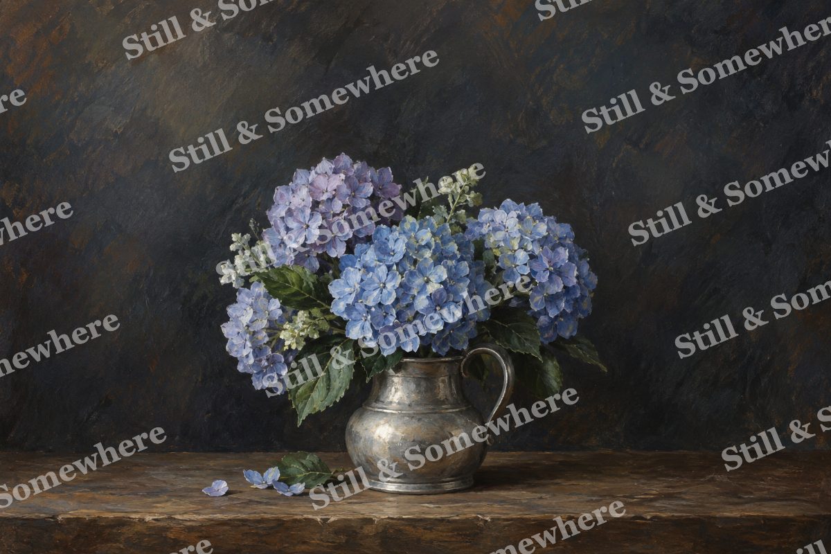 Hydrangeas in a Pewter Jug, original artwork preview