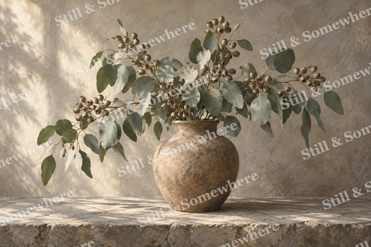 Seeded Eucalyptus in an Earthen Vase, original artwork preview