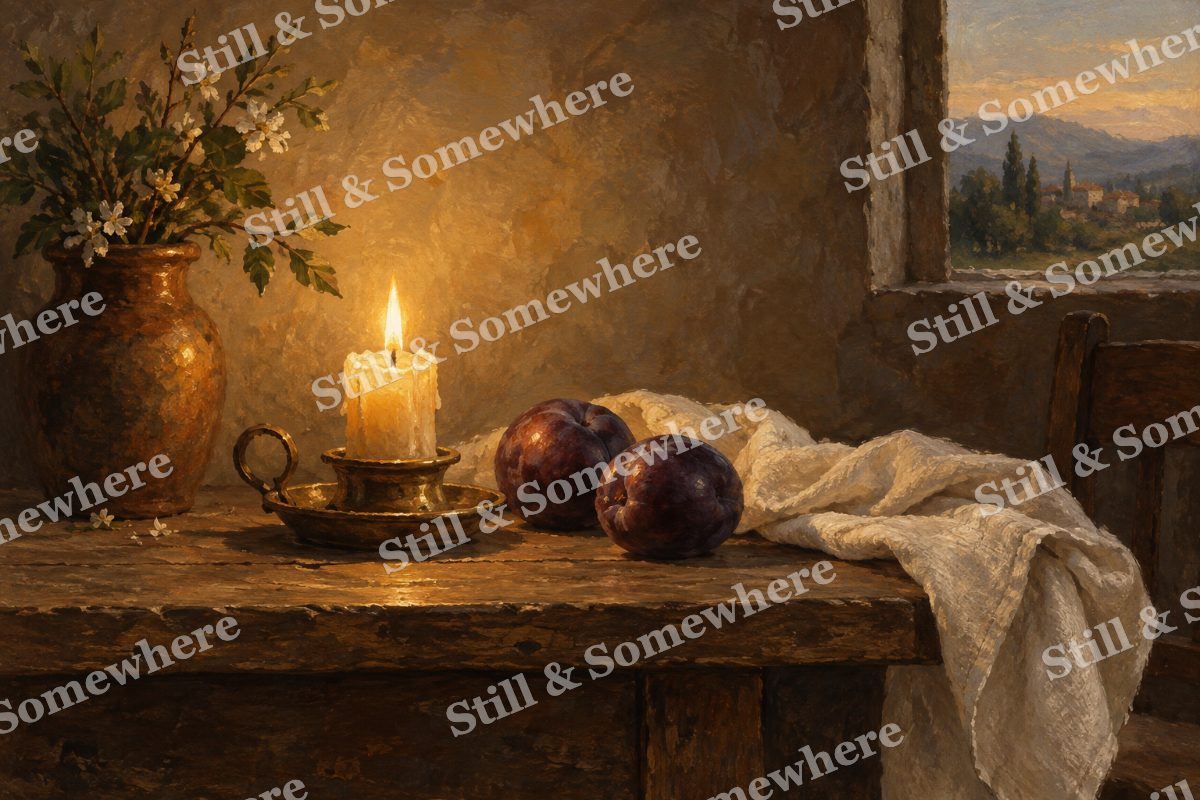 A Candle and Two Plums, original artwork preview