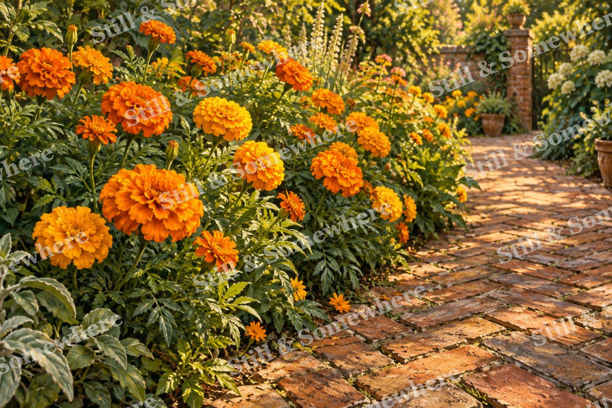 Marigold Border beside the Brick Walk, original artwork preview