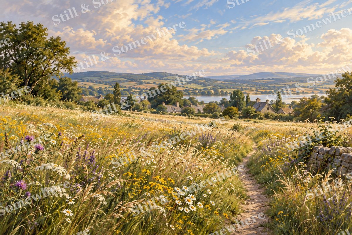 Cottage Roofs beyond the Meadow, original artwork preview