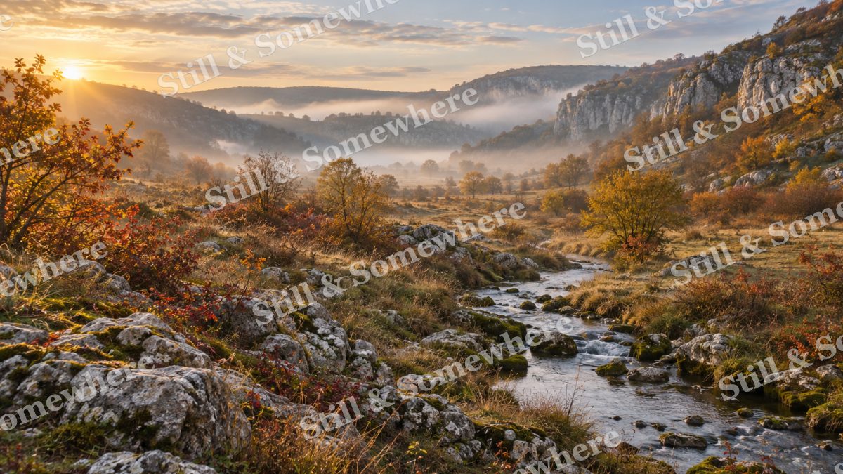 October Fog in the Limestone Valley, peaceful landscapes artwork preview