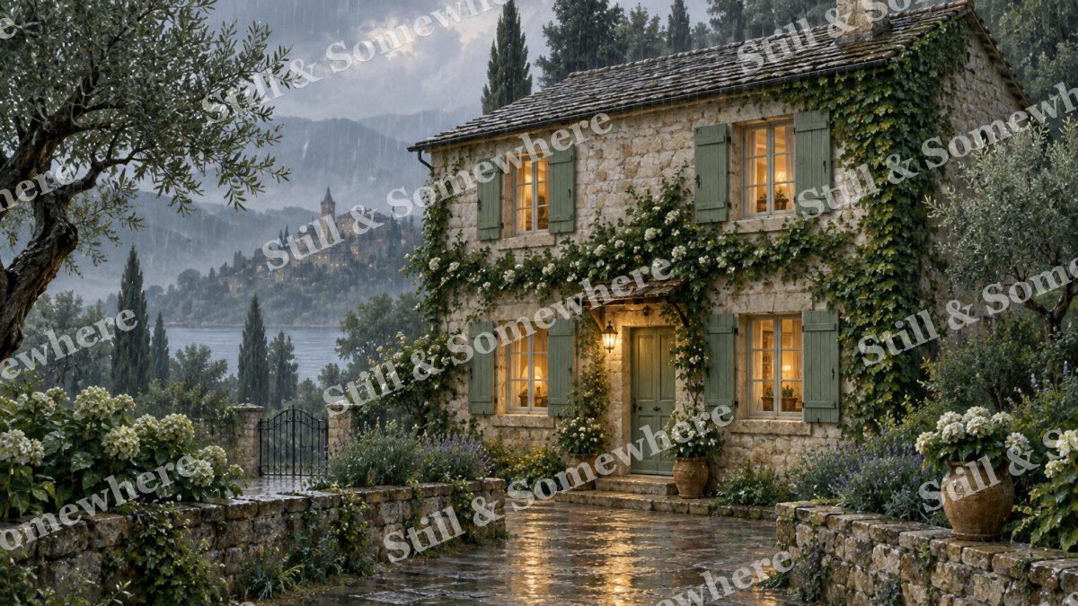 Sage Green Shutters in Soft Rain, cottages artwork preview