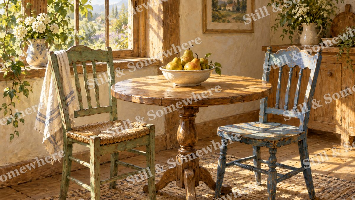 Breakfast Light on Painted Chairs, cottages artwork preview
