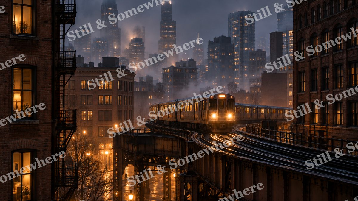 Lights Elevated Train Through Fog, city lights artwork preview