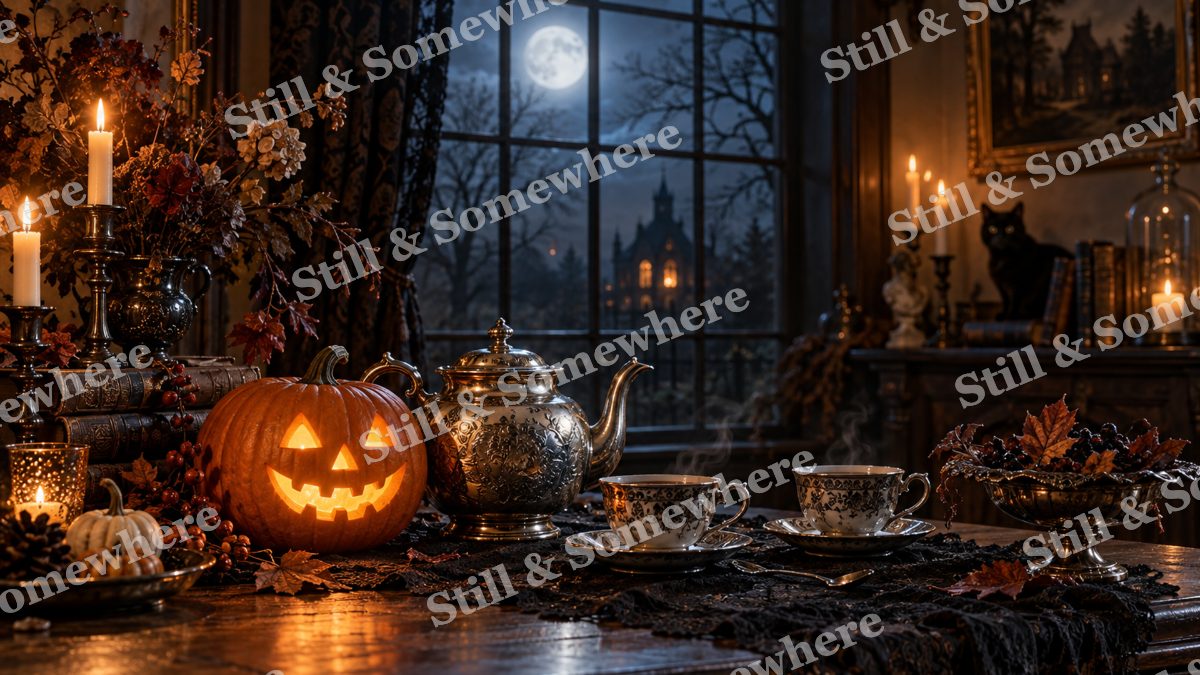Silver Teapot and Pumpkin Moon, halloween artwork preview