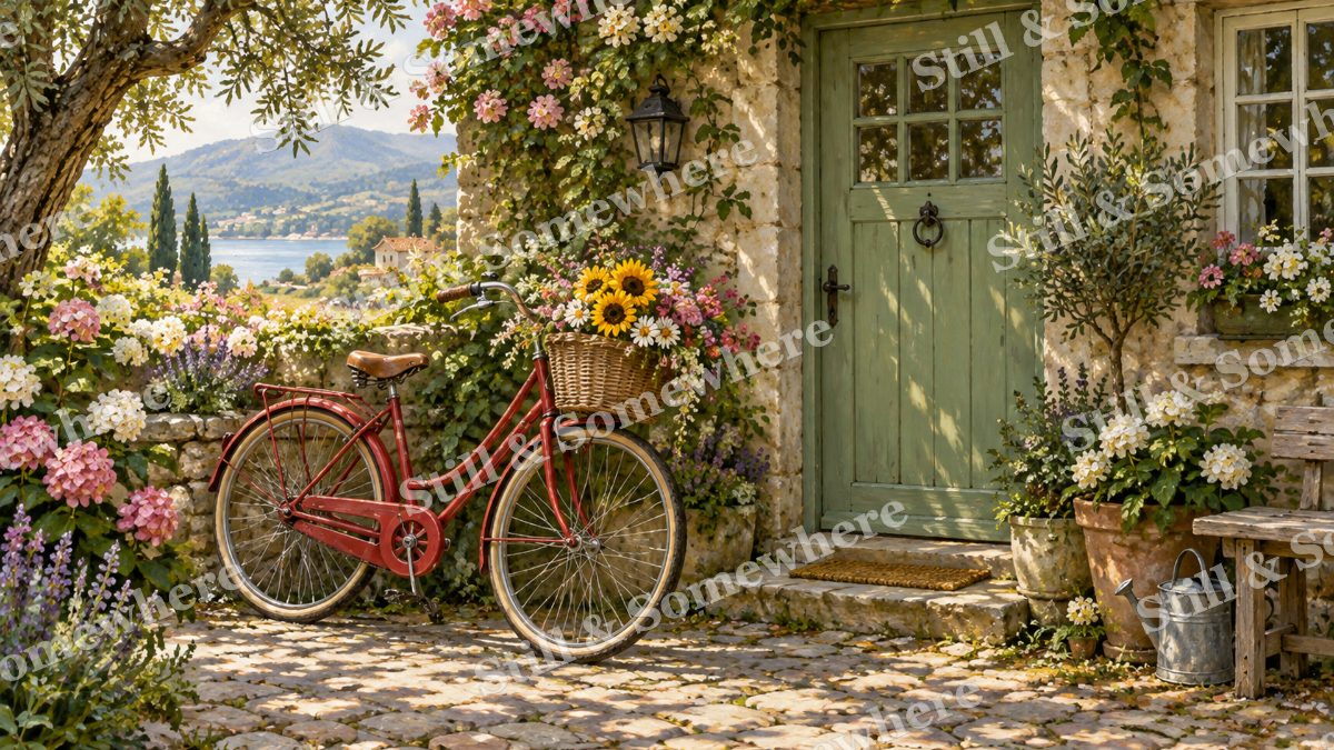 Red Bicycle at the Cottage Door, cottages artwork preview
