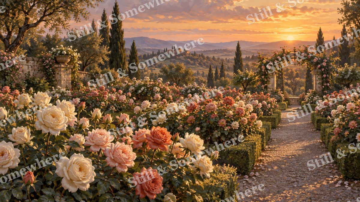 Evening Light in the Rose Garden, gardens artwork preview