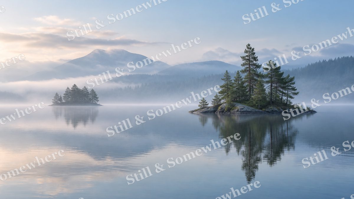 Landscapes Misty Islands in a Soft Blue Lake, peaceful landscapes artwork preview