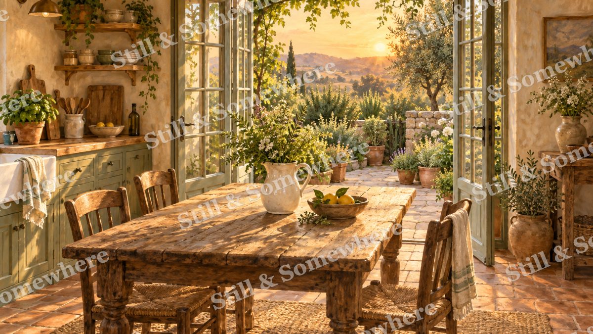 Cottage Kitchen at Golden Hour, cottages artwork preview