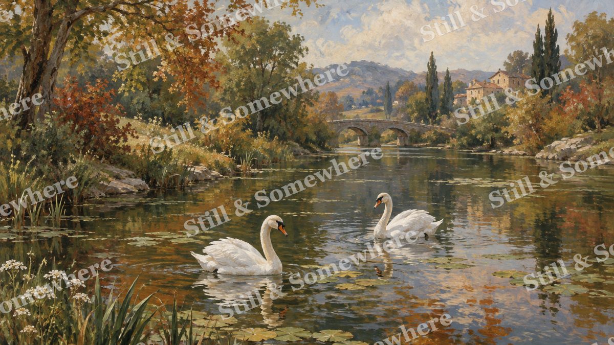 White Swans on a Russet Pond, paintings artwork preview