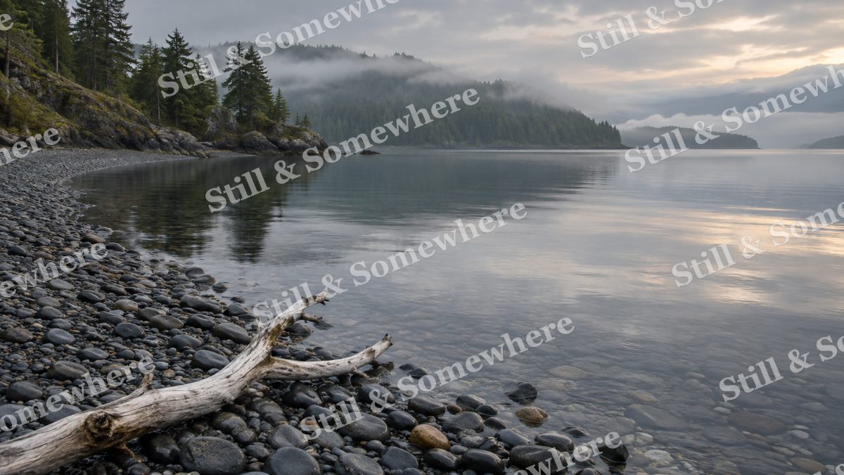 Landscapes Quiet Shoreline Under a Pearl Gray Sky, peaceful landscapes artwork preview