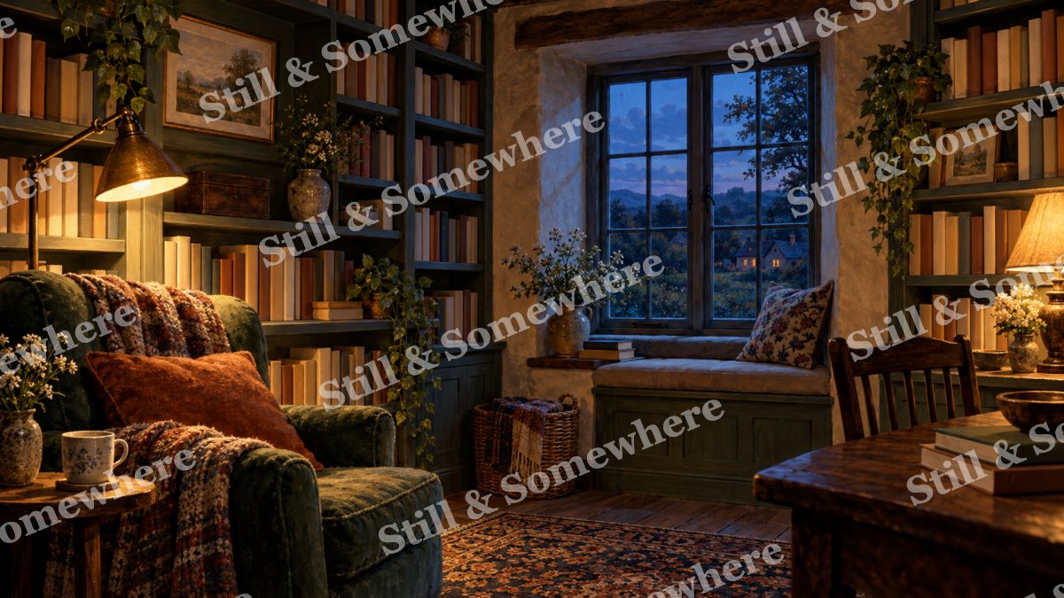 The Cottage Library after Sunset, cottages artwork preview