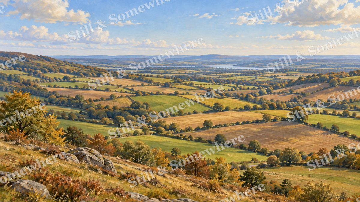 Quilted Fields from the Ridge, early autumn countryside artwork preview