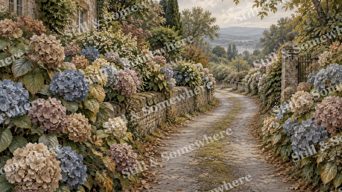 Hydrangea Lane Turning Antique, gardens artwork preview