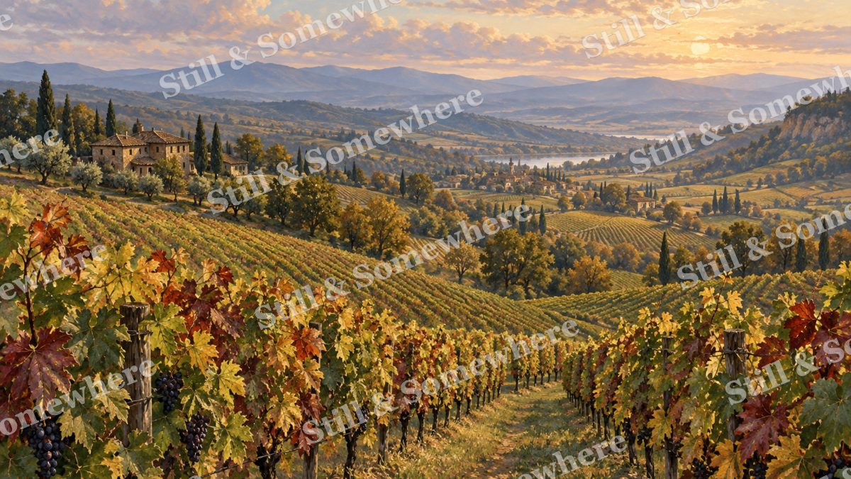 Grapevines across the Valley, early autumn countryside artwork preview