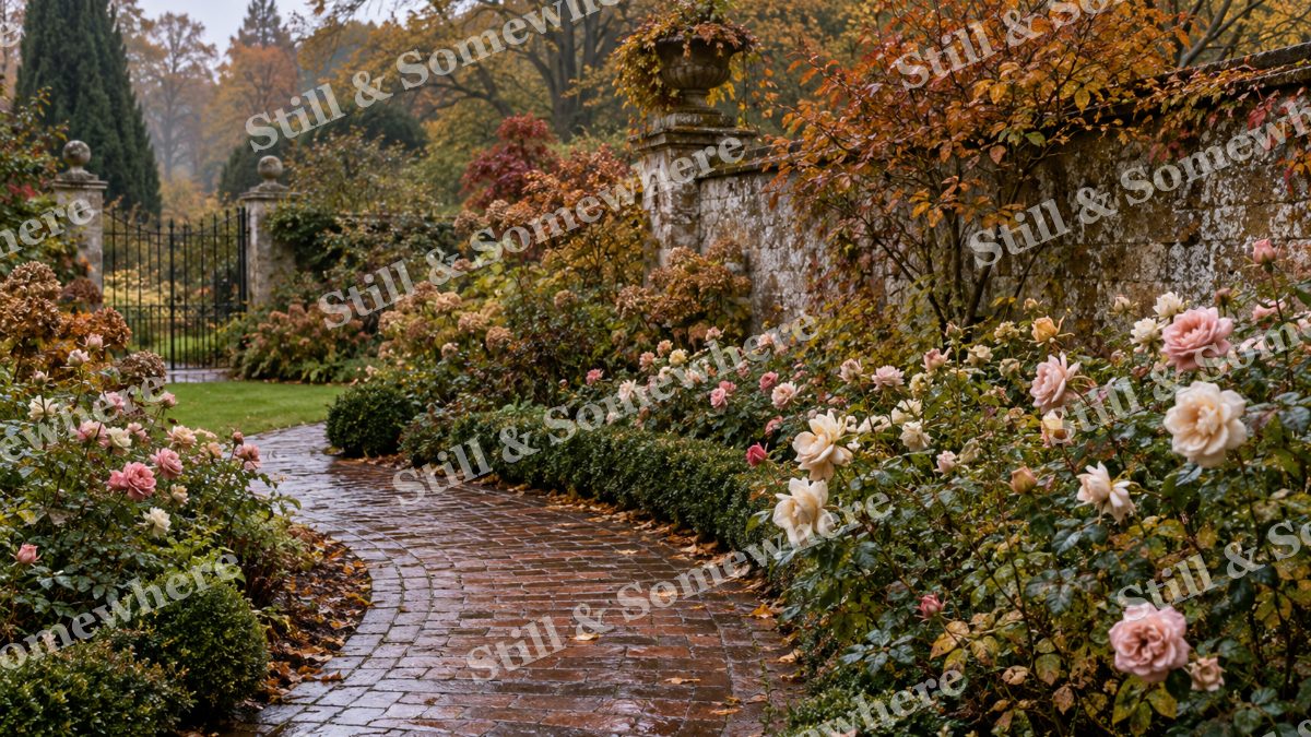 October Roses beside the Brick Path, gardens artwork preview
