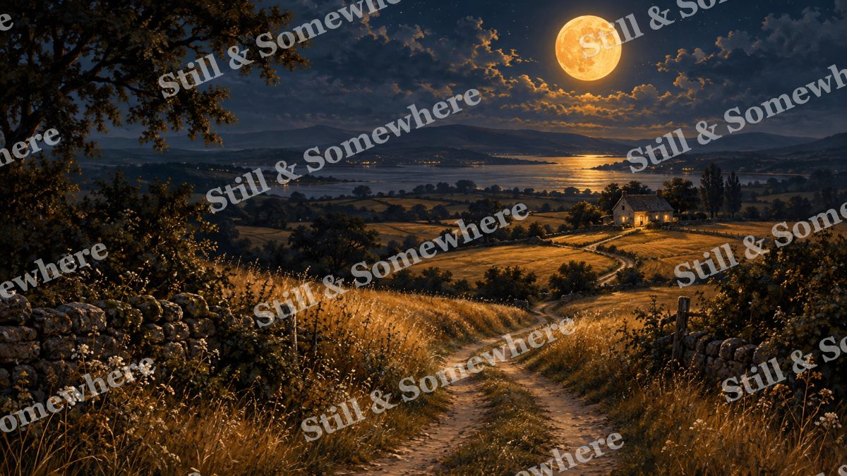 Homeward Path under the Harvest Moon, cottages artwork preview