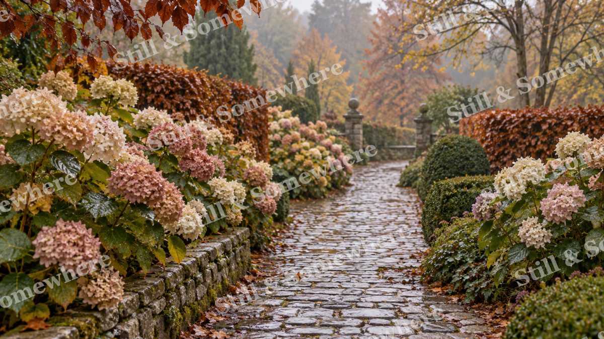 Hydrangeas along the Cobblestone Walk, gardens artwork preview