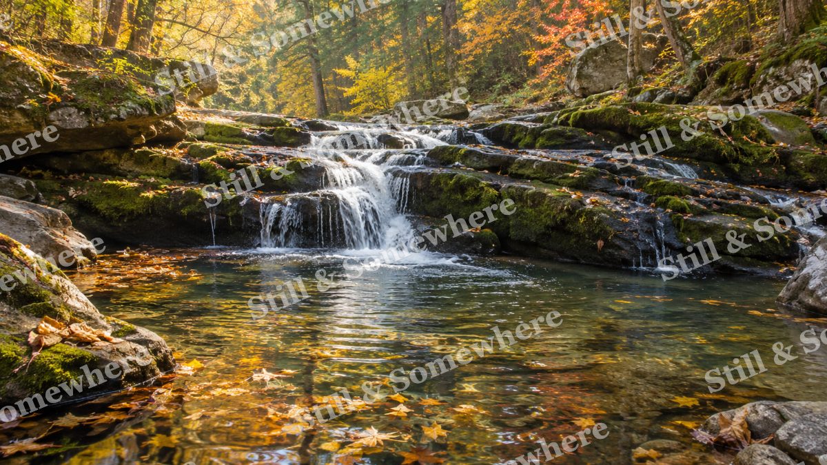 October Light on the Mossy Cascade, peaceful landscapes artwork preview