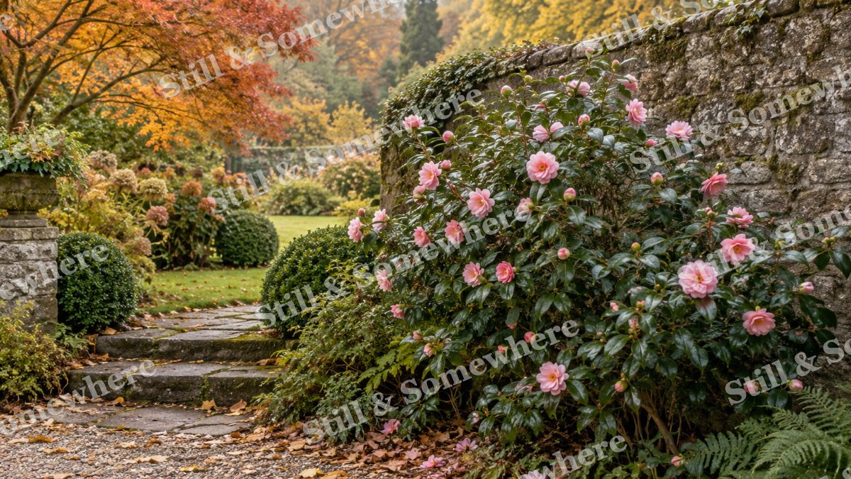 Autumn Camellias at the Stone Wall, gardens artwork preview
