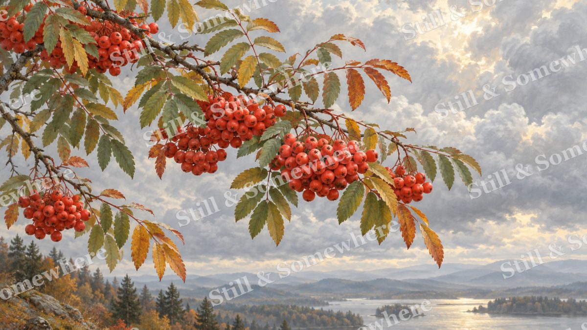 Rowan Berries under Pearl Clouds, botanicals artwork preview