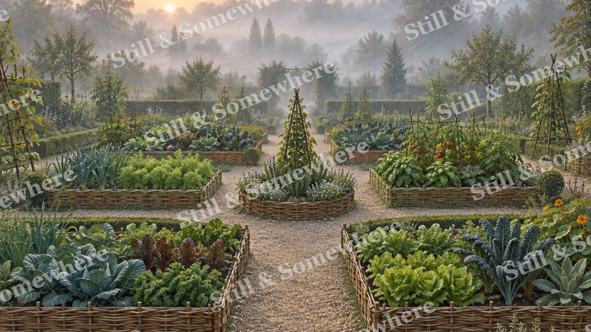 Potager Garden in Morning Mist, gardens artwork preview