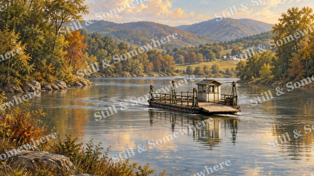 River Ferry in the Rural Valley, early autumn countryside artwork preview