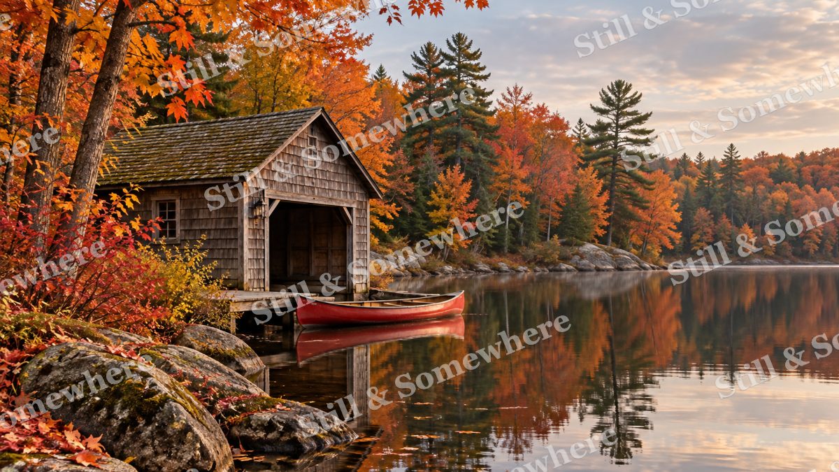Autumn Boathouse and Canoe, fall artwork preview