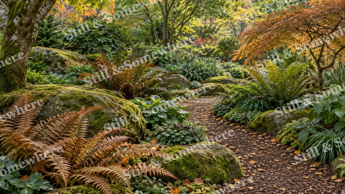 Bronze Ferns in the Shade Garden, gardens artwork preview