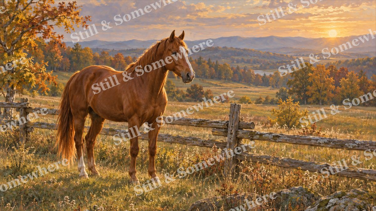 Chestnut Horse by the Split Rail Fence, early autumn countryside artwork preview