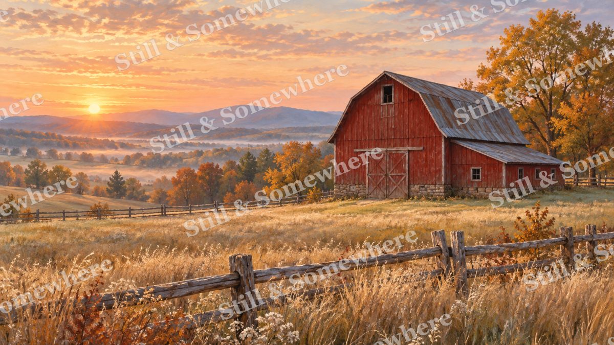 Red Barn at First Light, early autumn countryside artwork preview