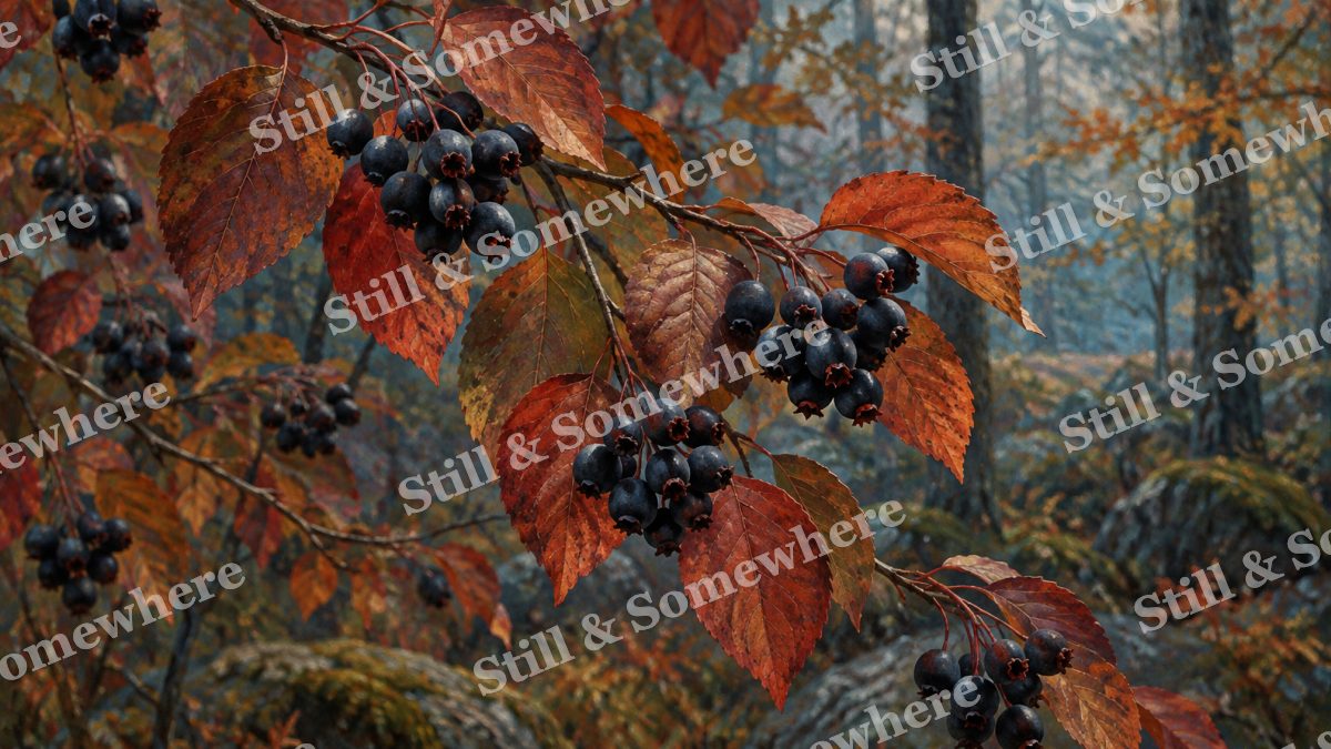 Serviceberries and Rust Leaves, botanicals artwork preview