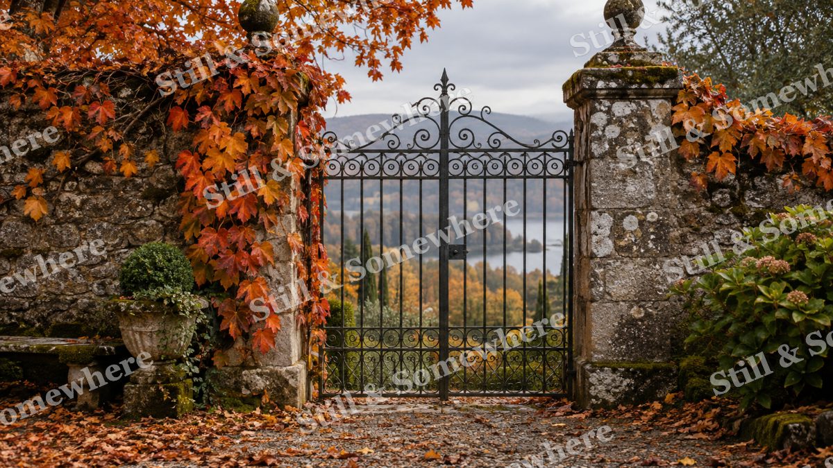 Autumn Stone Garden Gate, fall artwork preview