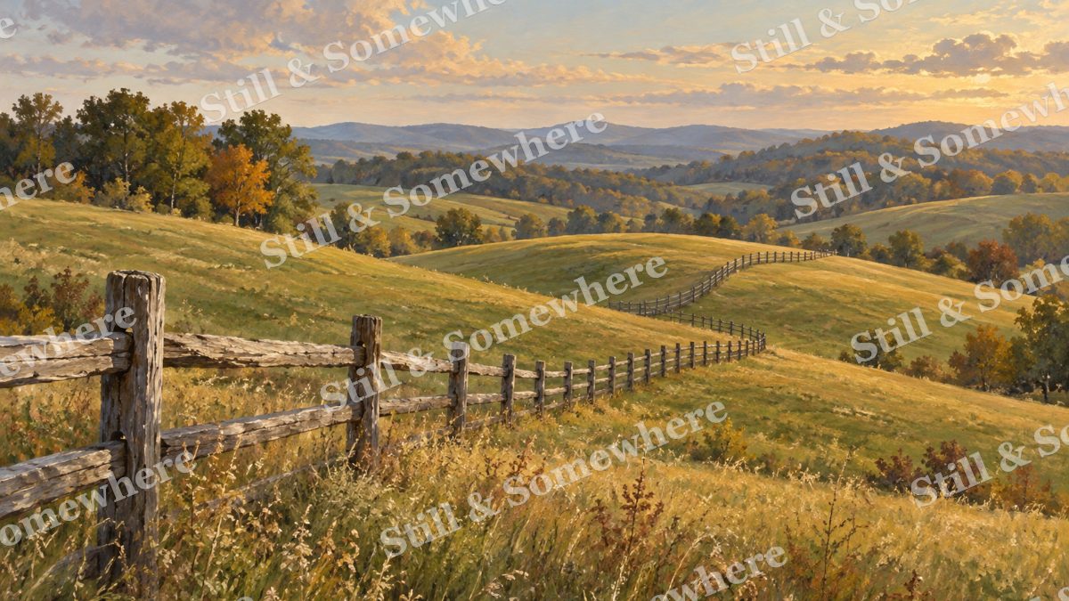 Fence Line across the Rolling Hills, early autumn countryside artwork preview