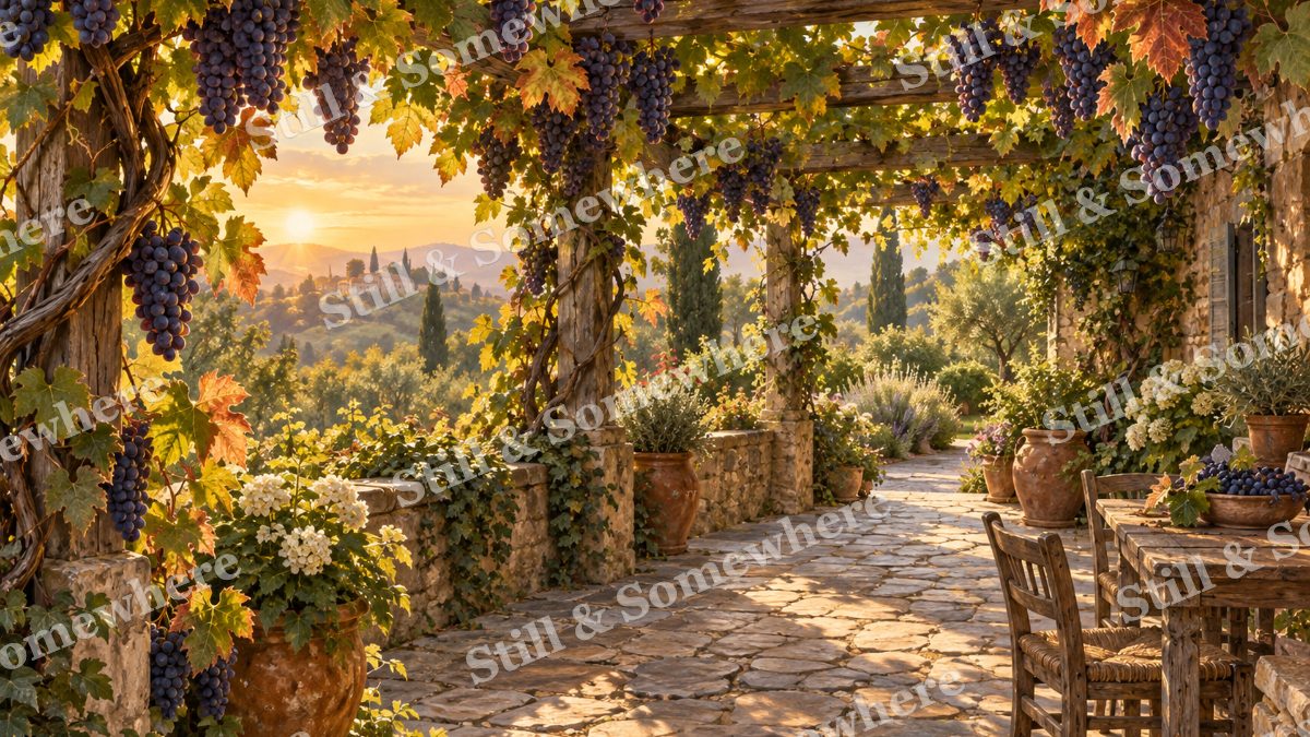Grapevine Pergola at Harvest, gardens artwork preview