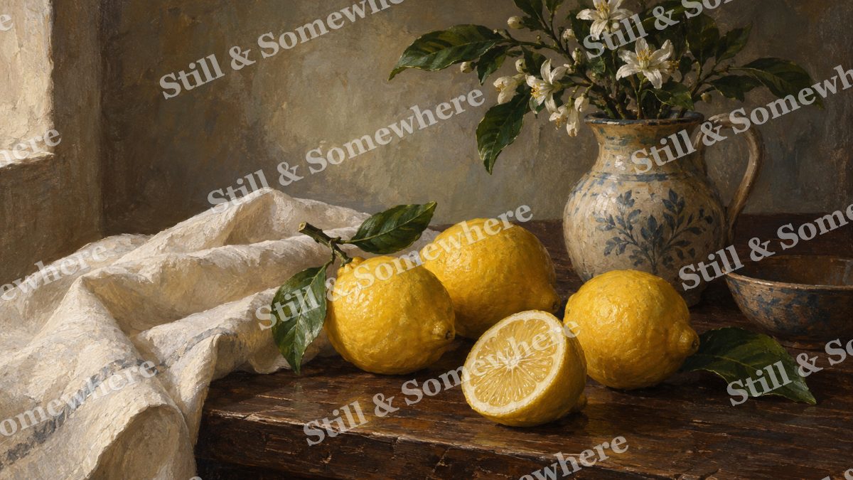 Lemons and a Folded Linen Cloth, paintings artwork preview