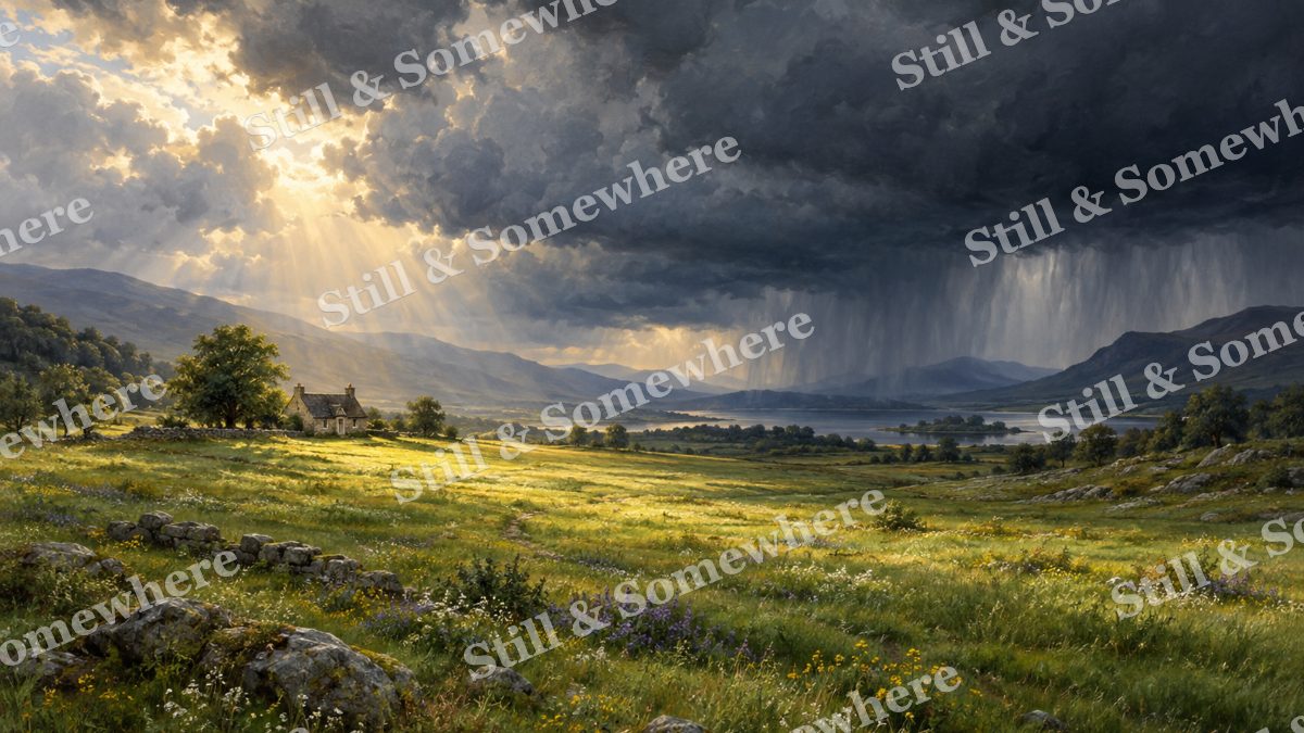 Meadow Cottage beneath Storm Clouds, cottages artwork preview