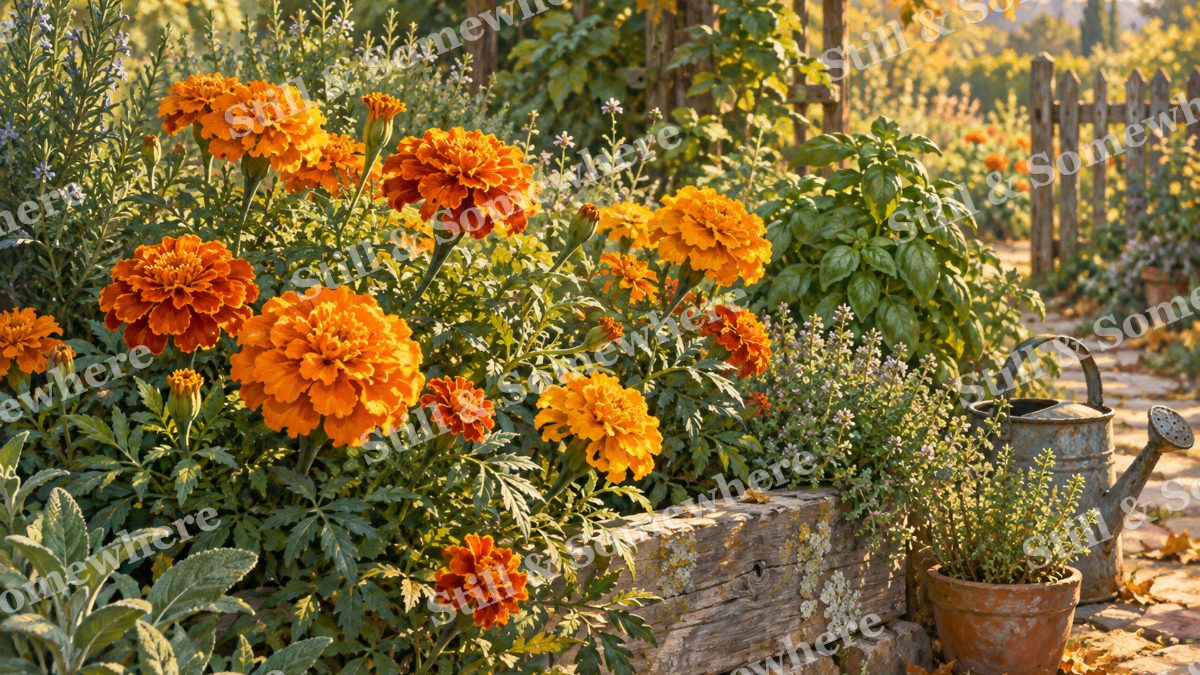Marigolds in the Kitchen Garden, botanicals artwork preview