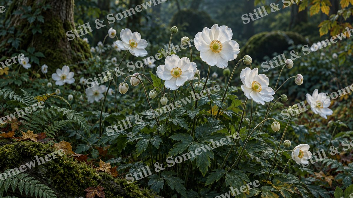 White Anemones in Woodland Shade, botanicals artwork preview