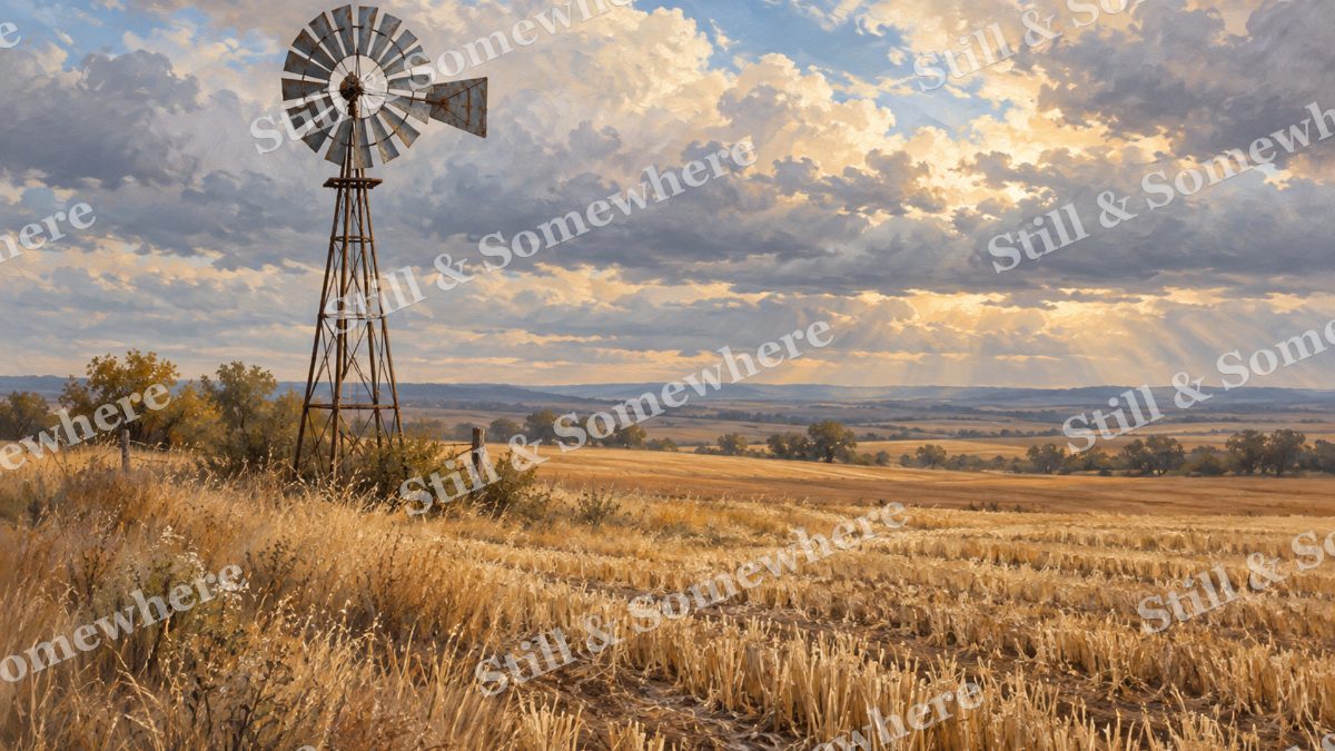 Windmill above the Wheat Stubble, early autumn countryside artwork preview