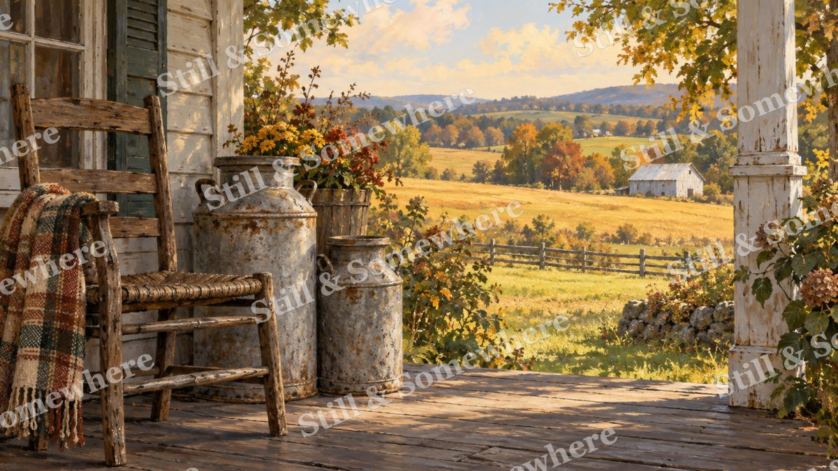 Milk Cans on the Farmhouse Porch, early autumn countryside artwork preview