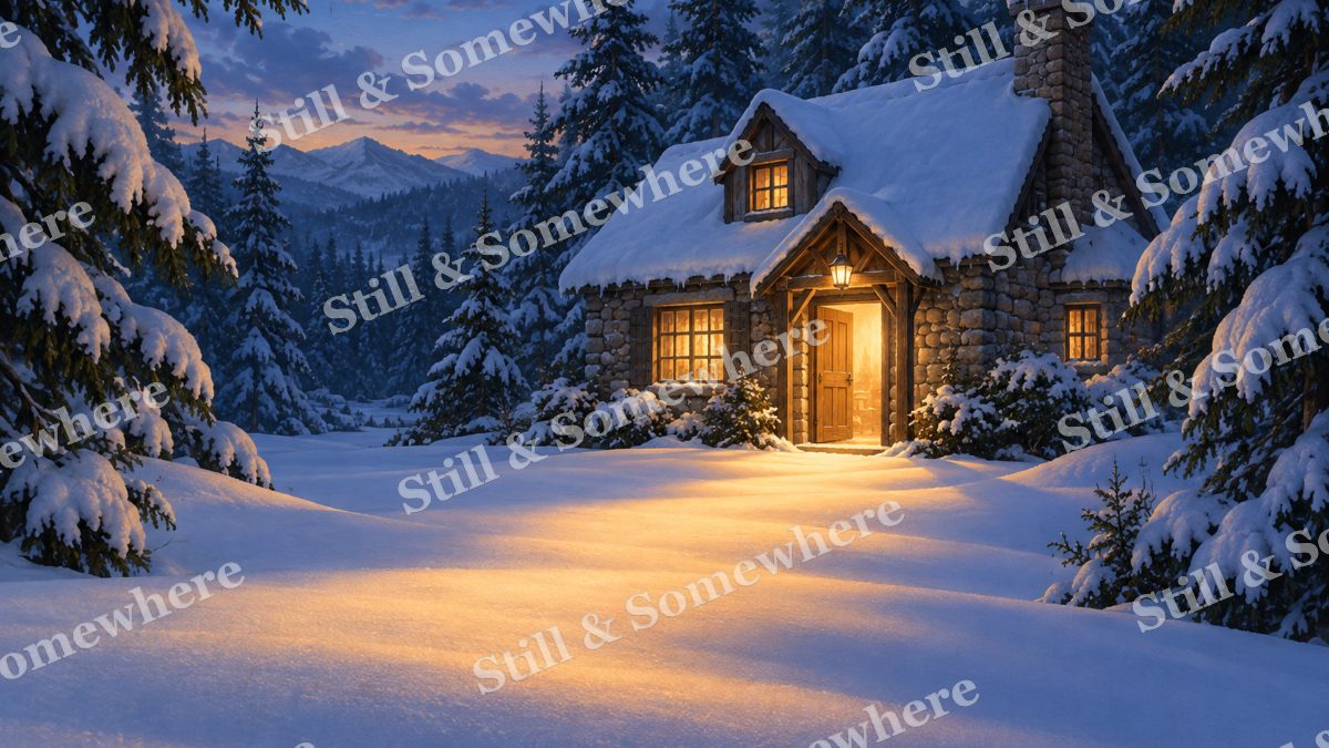 Warm Light across the Snow, cottages artwork preview
