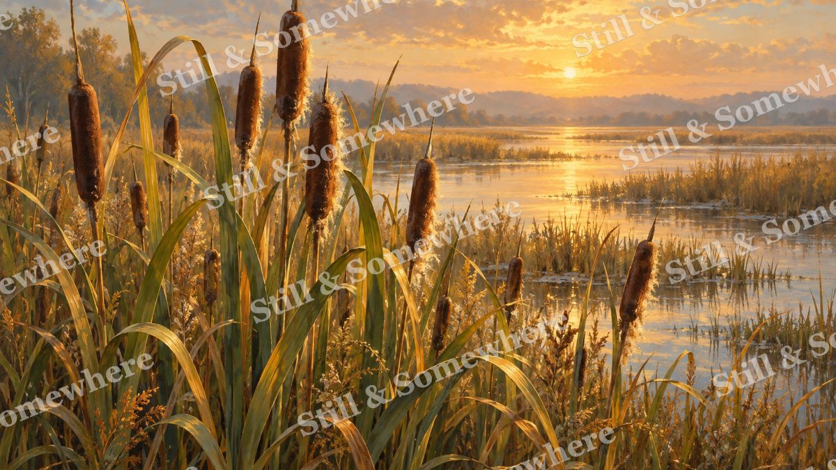 Cattails in Amber Marsh Light, botanicals artwork preview