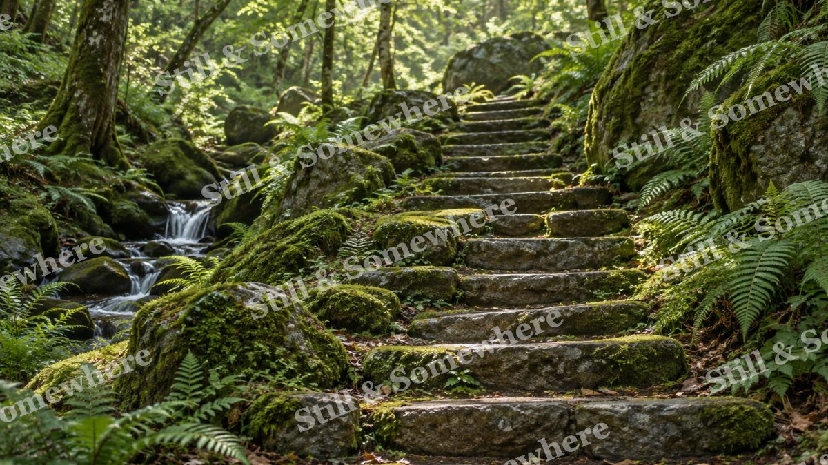 Landscapes Sunlight on a Mossy Woodland Stair, peaceful landscapes artwork preview
