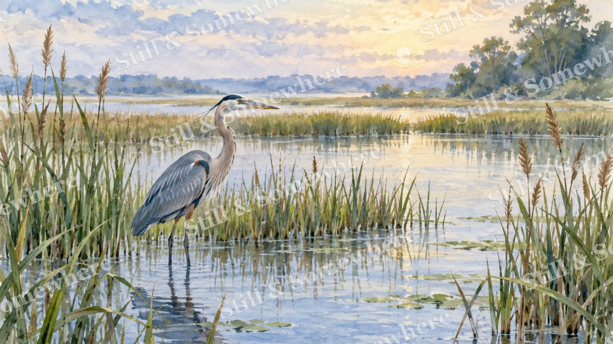 Blue Heron in the Reeds, paintings artwork preview
