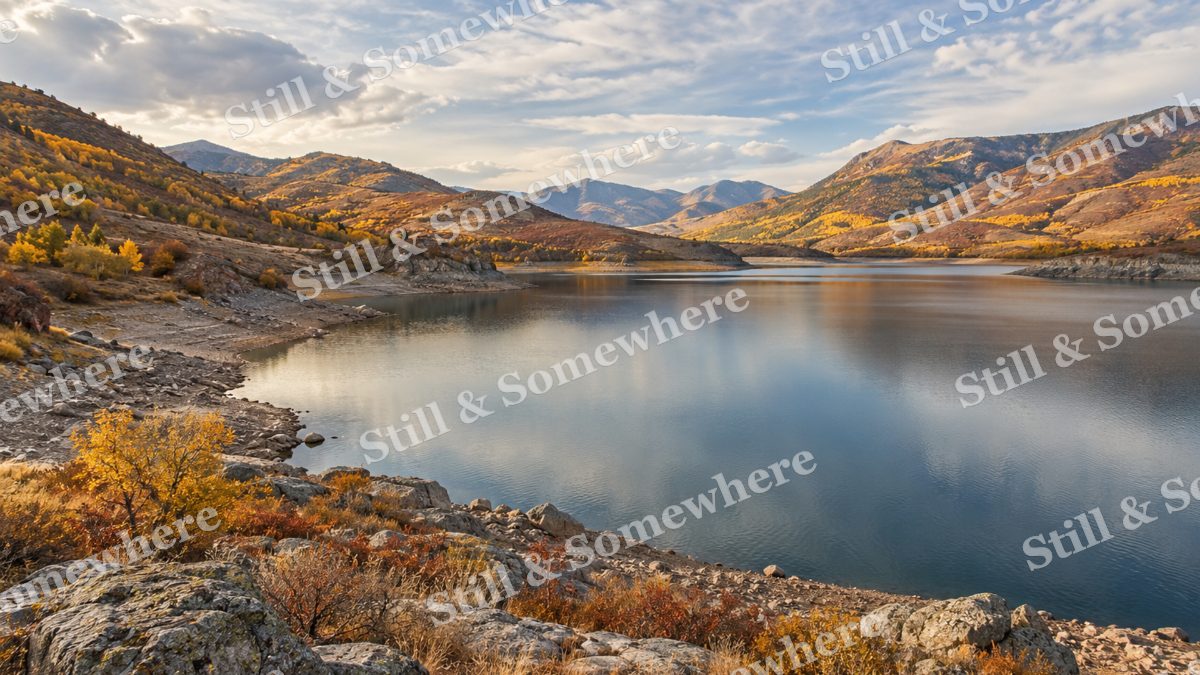Ochre Hills and the Quiet Reservoir, peaceful landscapes artwork preview