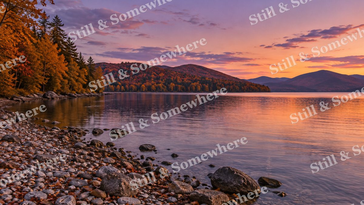 The Pebbled Shore at Dusk, peaceful landscapes artwork preview