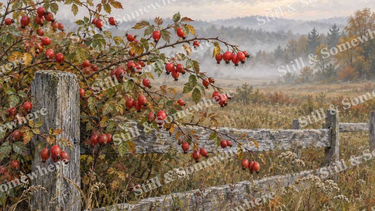 Rose Hips along the Weathered Fence, botanicals artwork preview