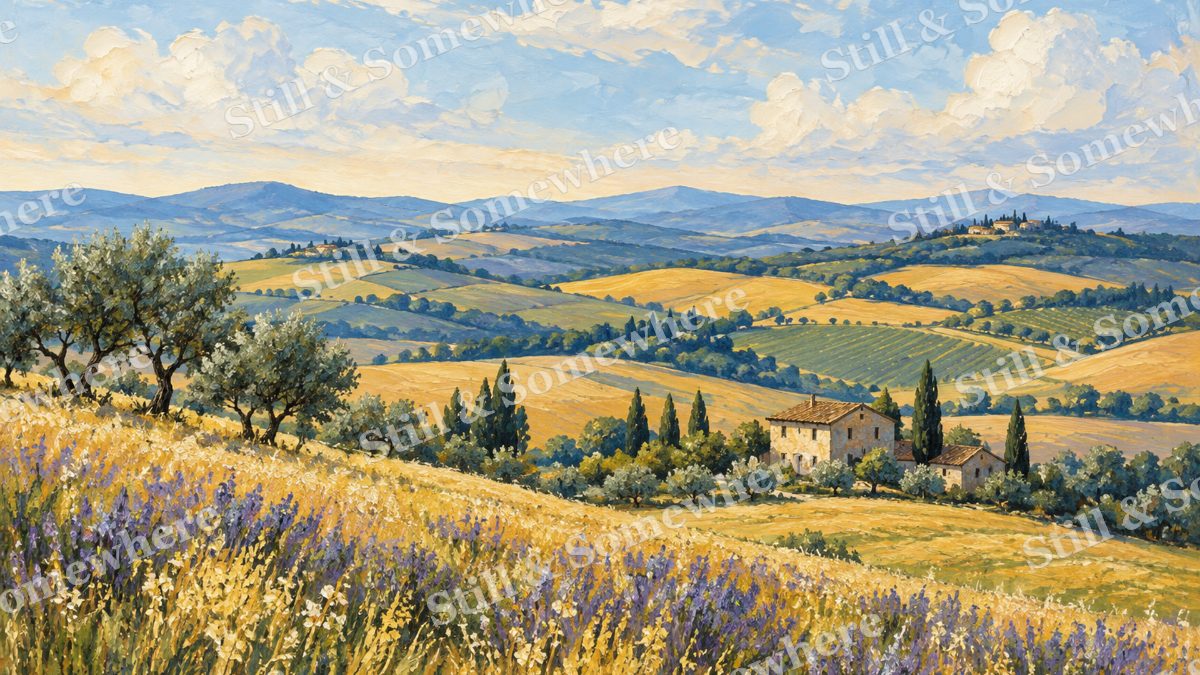 Rolling Hills in Indigo and Gold, paintings artwork preview